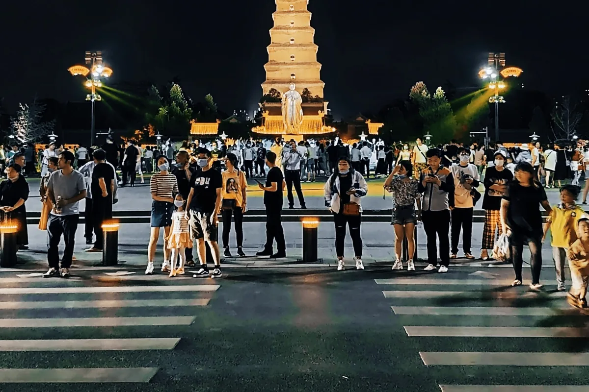 The Big Wild Goose Pagoda in Xi'an lit up at night
